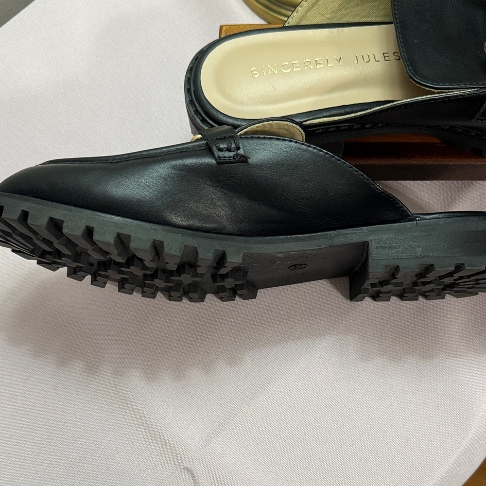 Sincerely Jules Black Mules with Gold Buckle - Picture 3 of 9